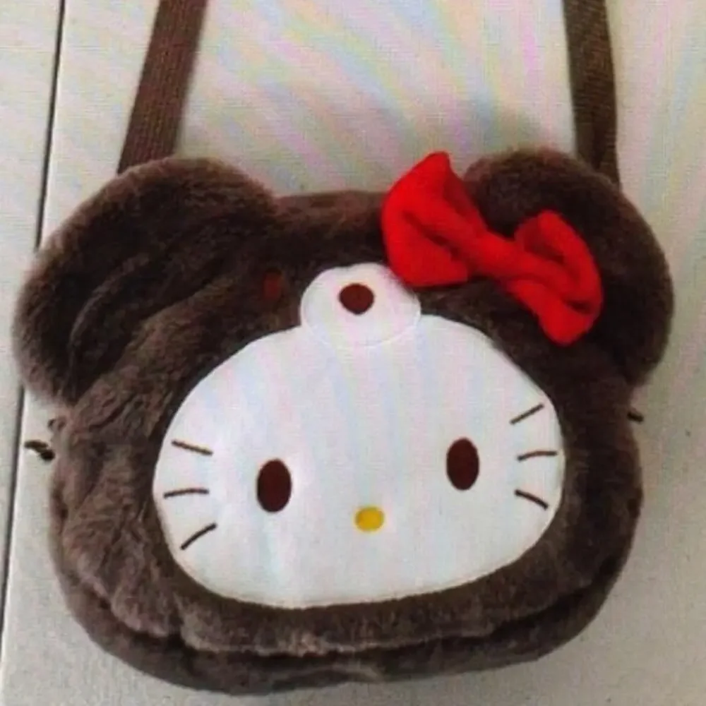Hello Kitty Plush Faux Fur Crossbody Bag – Brown with Red Bow